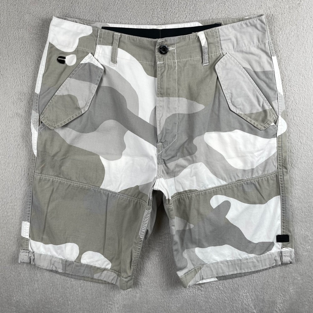 G-Star Raw Shorts Mens Size 32 Beige Gray Camo Rovic DC Loose Ripstop Army 10"